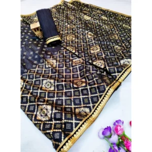 Women's Dola Silk Foil Printed Sarees (Black, 5-6 Mtrs)