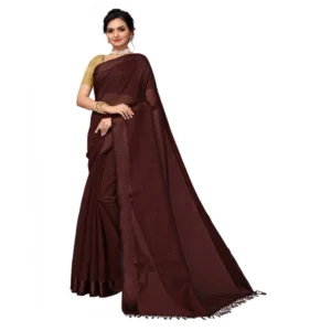 Women's Cotton Blend Stripe Pattern Sarees (Coffee, 5-6 Mtrs)