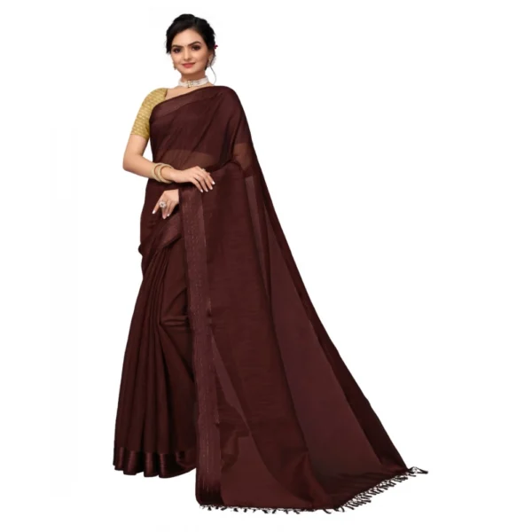 Women's Cotton Blend Stripe Pattern Sarees (Coffee, 5-6 Mtrs)
