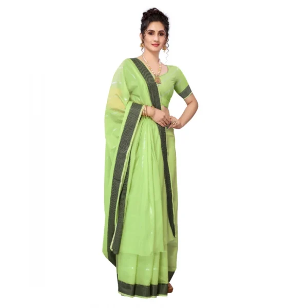 Women's Cotton Blend Stripe Pattern Sarees (Parrot Green, 5-6 Mtrs)