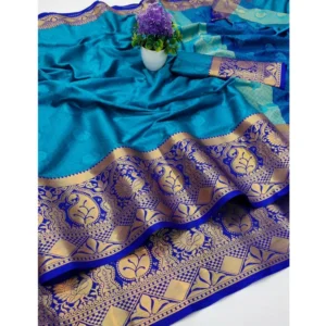 Women's Cotton Blend Emboss Woven Pattern Sarees (Ferozi, 5-6 Mtrs)
