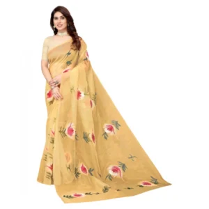 Women's Organza Floral Pattern Sarees (Mustard, 5-6 Mtrs)