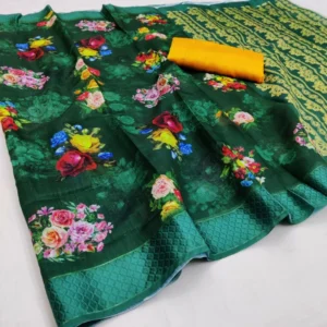 Women's Cotton Blend Digital Printed Sarees (Green, 5-6 Mtrs)