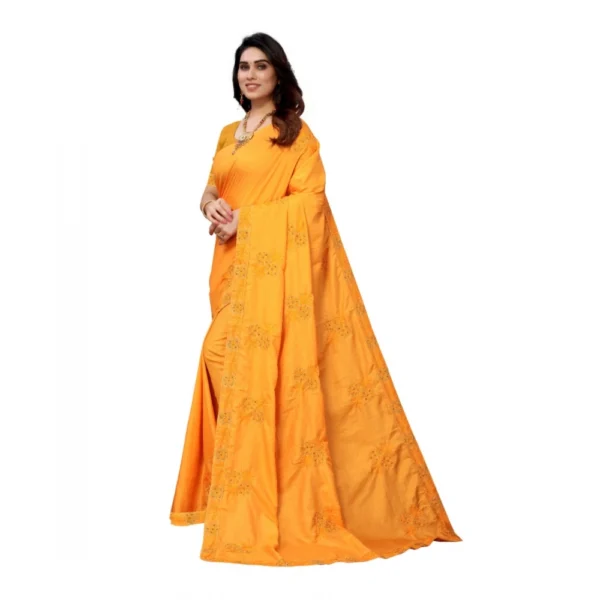 Women's Vichitra Silk Embroidery Sarees (Mustard, 5-6 Mtrs)