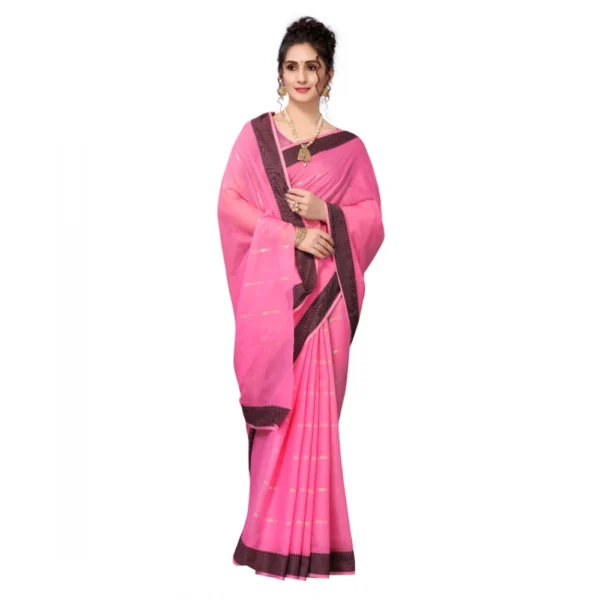 Women's Cotton Blend Stripe Pattern Sarees (Pink, 5-6 Mtrs)