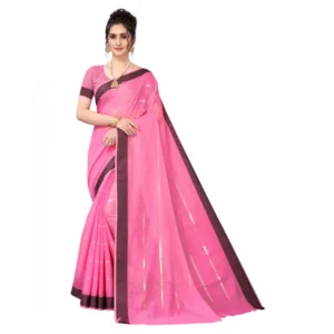 Women's Cotton Blend Stripe Pattern Sarees (Pink, 5-6 Mtrs)