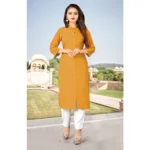Women's Solid Rayon Roll Up 3/4th Sleeve Knee Length Kurti (Mustard)
