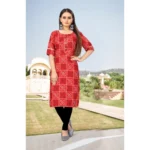 Women's Digital Print Bandhani Regular 3/4th Sleeve Knee Length Kurti (Red)