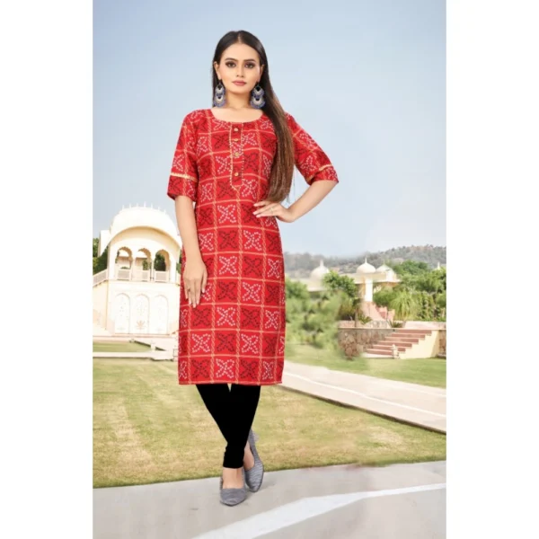 Women's Digital Print Bandhani Regular 3/4th Sleeve Knee Length Kurti (Red)