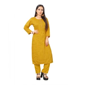 Women's Woven Work Rayon Regular 3/4th Sleeve Knee Length Kurti (Yellow)
