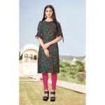 Women's Digital Print Rayon Tie Up 3/4th Sleeve Knee Length Kurti (Black)
