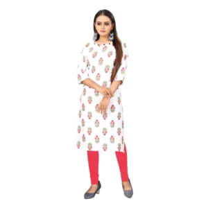 Women's Digital Print Rayon Regular 3/4th Sleeve Knee Length Kurti (White)