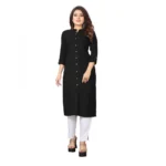 Women's Solid Rayon Roll Up 3/4th Sleeve Knee Length Kurti (Black)
