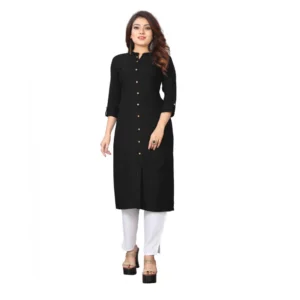 Women's Solid Rayon Roll Up 3/4th Sleeve Knee Length Kurti (Black)