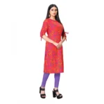 Women's Digital Print Rayon Tie Up 3/4th Sleeve Knee Length Kurti (Red)