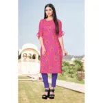 Women's Digital Print Rayon Tie Up 3/4th Sleeve Knee Length Kurti (Pink)