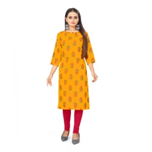 Women's Digital Print Rayon Regular 3/4th Sleeve Knee Length Kurti (Mustard)