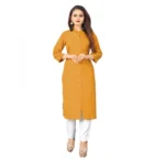 Women's Solid Rayon Roll Up 3/4th Sleeve Knee Length Kurti (Mustard)