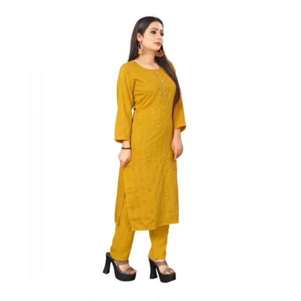 Women's Woven Work Rayon Regular 3/4th Sleeve Knee Length Kurti (Yellow)