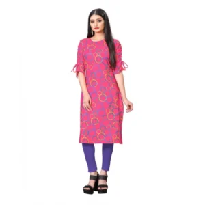 Women's Digital Print Rayon Tie Up 3/4th Sleeve Knee Length Kurti (Pink)