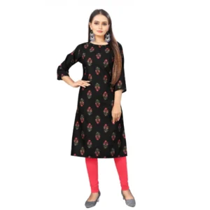 Women's Digital Print Rayon Regular 3/4th Sleeve Knee Length Kurti (Black)
