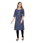 Women's Digital Print Bandhani Regular 3/4th Sleeve Knee Length Kurti (Navy Blue)