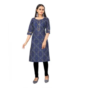 Women's Digital Print Bandhani Regular 3/4th Sleeve Knee Length Kurti (Navy Blue)