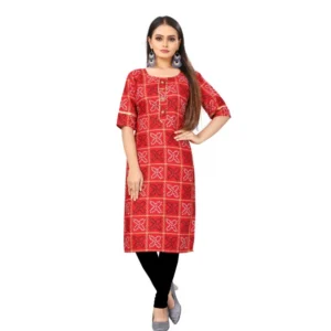 Women's Digital Print Bandhani Regular 3/4th Sleeve Knee Length Kurti (Red)
