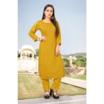 Women's Woven Work Rayon Regular 3/4th Sleeve Knee Length Kurti (Yellow)