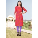 Women's Digital Print Rayon Tie Up 3/4th Sleeve Knee Length Kurti (Red)