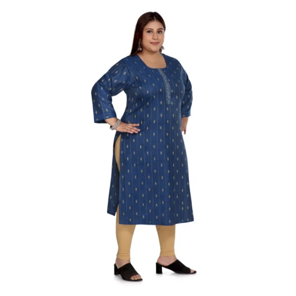 Women's Casual 3/4th Sleeve Cotton Mix Golden Embroidered Straight Kurti (Blue)