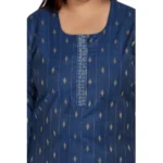 Women's Casual 3/4th Sleeve Cotton Mix Golden Embroidered Straight Kurti (Blue)