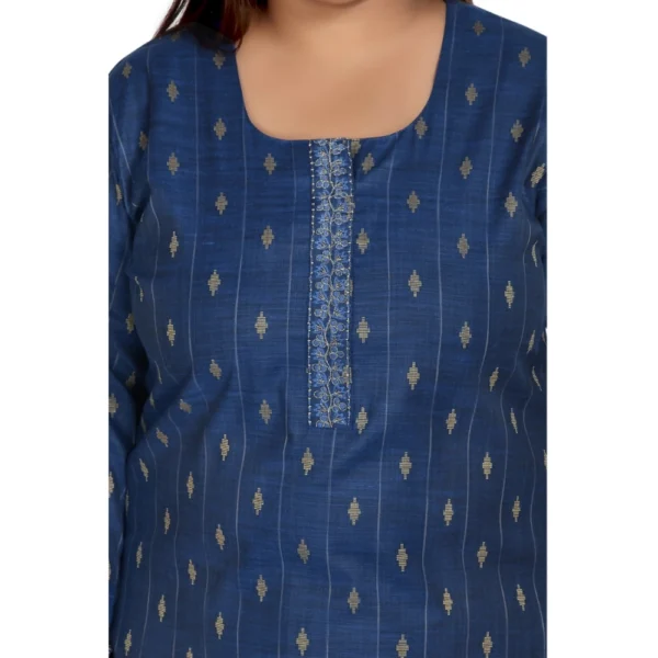 Women's Casual 3/4th Sleeve Cotton Mix Golden Embroidered Straight Kurti (Blue)
