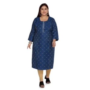 Women's Casual 3/4th Sleeve Cotton Mix Golden Embroidered Straight Kurti (Blue)