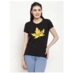 Women's Cotton Blend Leafe Printed T-Shirt (Black)