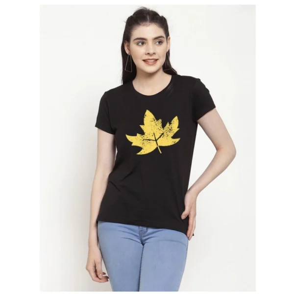 Women's Cotton Blend Leafe Printed T-Shirt (Black)