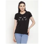Women's Cotton Blend Graphic Cat Printed T-Shirt (Black)