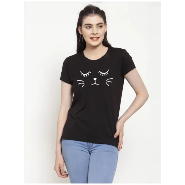Women's Cotton Blend Graphic Cat Printed T-Shirt (Black)