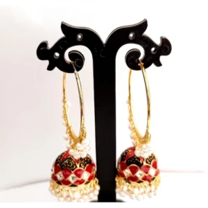 Women's Alloy Pearls And Beads Work Gold Plated Jhumkhas (Red)