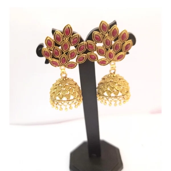 Women's Alloy Gold Plated And Beads Work Gold Plated Jhumkhas (Maroon)