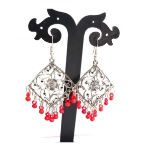 Women's Alloy Texture Designed Flower Shape With Red Pearls Silver Plated Drop Earrings (Red)