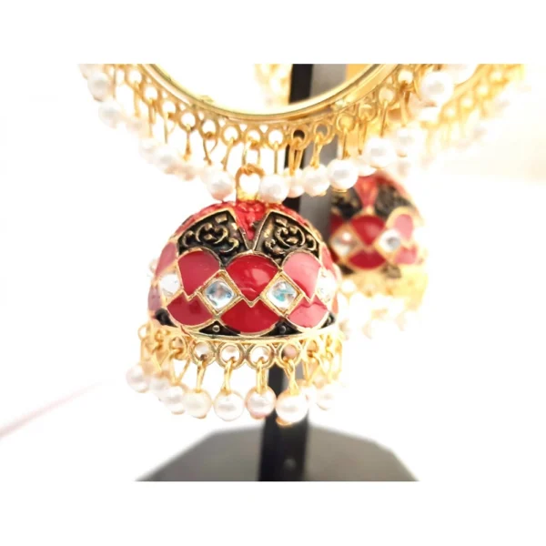 Women's Alloy Pearls And Beads Work Gold Plated Jhumkhas (Red)