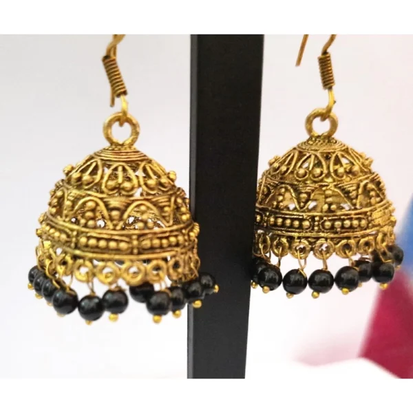 Women's Alloy Gold Plated And Beads Work Gold Plated Jhumkhas (Black)
