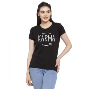 Women's Cotton Blend Karma Printed T-Shirt (Black)