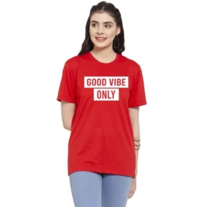 Women's Cotton Blend Good Vibe Only Printed T-Shirt (Red)