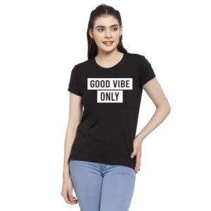 Women's Cotton Blend Good Vibe Only Printed T-Shirt (Black)