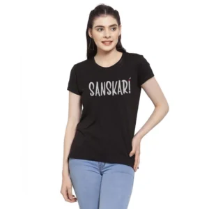 Women's Cotton Blend Sanskari Printed T-Shirt (Black)
