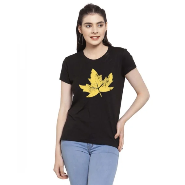 Women's Cotton Blend Leafe Printed T-Shirt (Black)