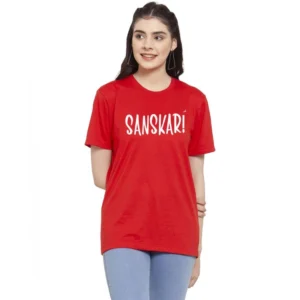 Women's Cotton Blend Sanskari Printed T-Shirt (Red)