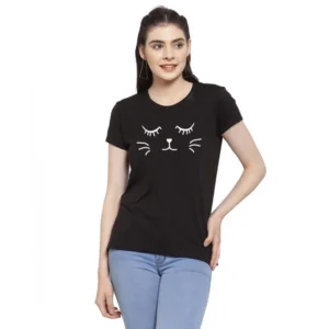 Women's Cotton Blend Graphic Cat Printed T-Shirt (Black)